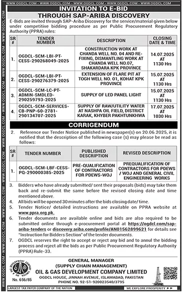 Oil & Gas Development Authority Limited Islamabad Tender Notice